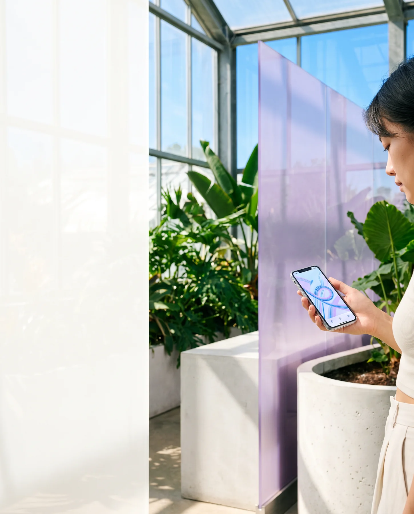 Designer using a phone in a botanical studio