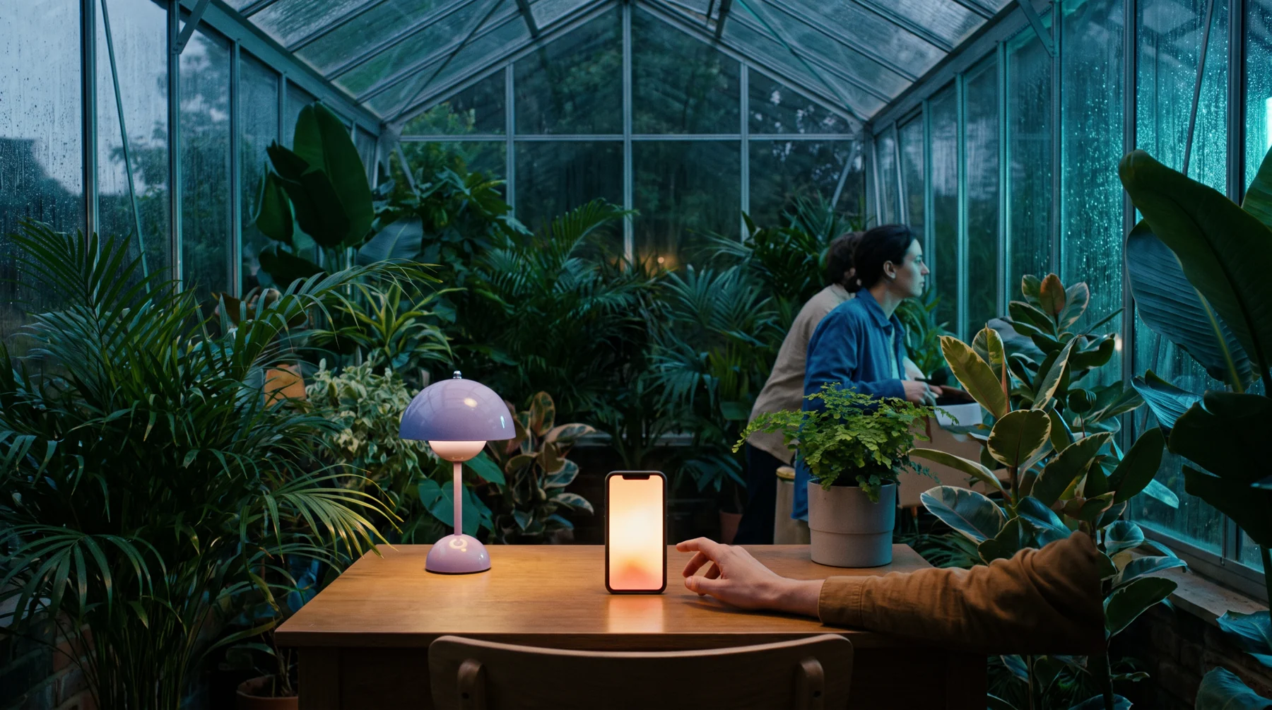 Mobile studio greenhouse at evening